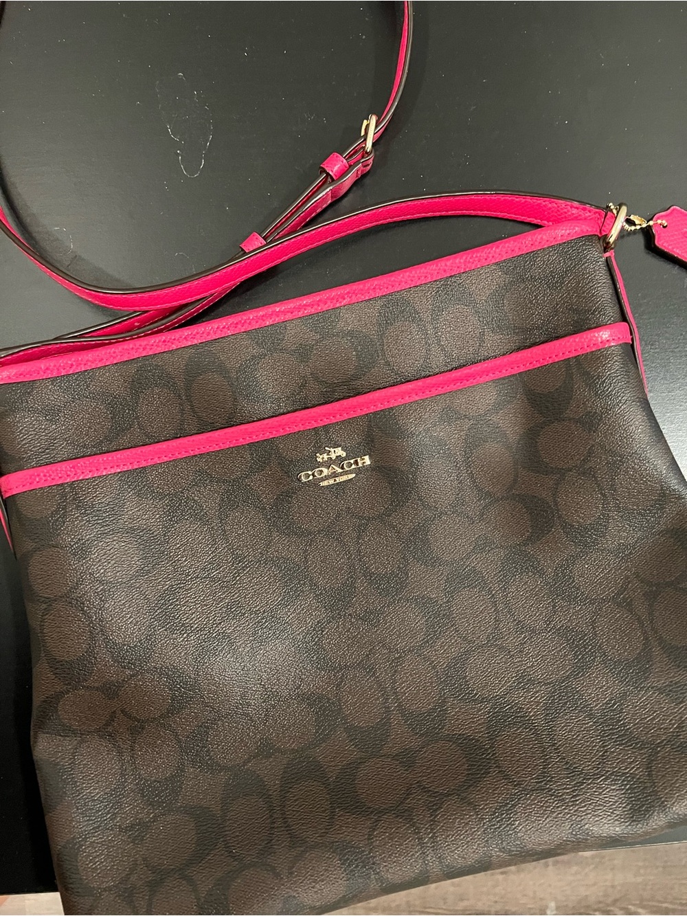 Coach Brown Signature File Bag with Pink Trim